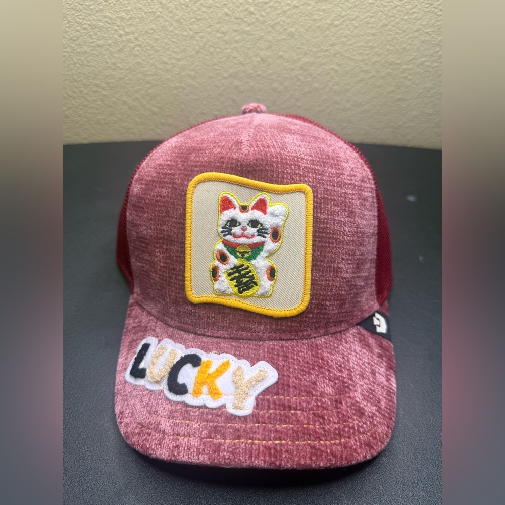 Goorin Bros Lucky Cat Trucker Hat Burgundy Velvet Chenille Gold Undervisor